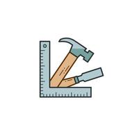 Tools for a carpenter. Angle ruler, hammer, chisel. Logo, icon for carpentry workshop. Flat color icon for a furniture manufacturing company. vector