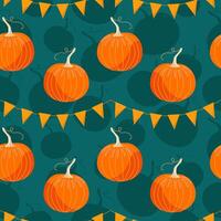 Cute autumn seamless pattern with hand drawn pumpkins on dark turquoise background. Pattern for thanksgiving, halloween, gift wrapping or textile. vector