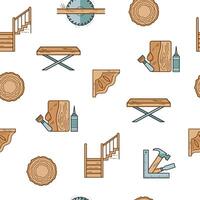 Carpenter tools for working with wood, wood products. Table, staircase, decoration, interior, workshop. Seamless background of colored icons on a white background. vector