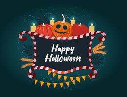 banner template, happy Halloween greeting card. Beautiful frame with inscription and festive elements - pumpkins, candles, garlands. vector