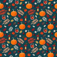 Beautiful seamless autumn with pumpkins, mulled wine, oak leaves, maple, acorns and berries on turquoise background . Seamless pattern. vector