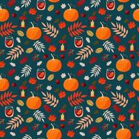 Beautiful seamless autumn with pumpkins, mulled wine, oak leaves, maple, acorns and berries on turquoise background . Seamless pattern. vector