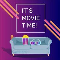 Movie time - template for poster. Sofa, 3D glasses and popcorn. Square frame with text. vector