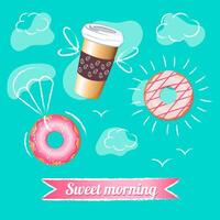 Breakfast. Coffee and doughnuts fly in the turquoise sky on a parachute, with wings or in the form of the sun. vector