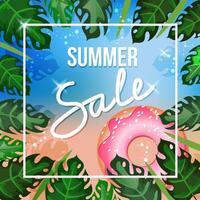 Color banner Summer Sale on the background of the sea. Frame from tropical leaf and a lifeline in the form of a doughnut. vector