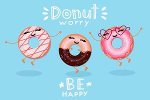 Donut worry be happy. Doodle banner with funny donuts. vector