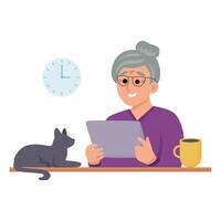 An elderly woman uses a tablet to communicate. illustration in cartoon style on a white background. vector