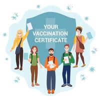 Vaccination. Certificate of vaccination. Happy young people. vector