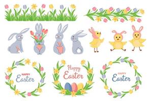 Happy Easter big set of decorative elements. Spring cute bunnies, chickens, wreaths, flower borders. Collection for the design of holiday banners, cards, posters. vector