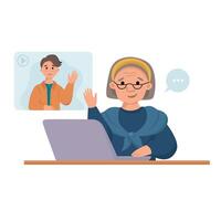 abuela negociaciones a su nieto terminado el Internet. un mayor mujer usos un ordenador portátil a comunicar. ilustración en dibujos animados estilo en un blanco antecedentes. vector