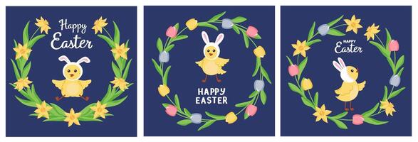 Set of square Happy Easter greeting cards. vector