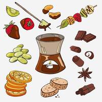Set chocolate fondue with fruit and berries. vector