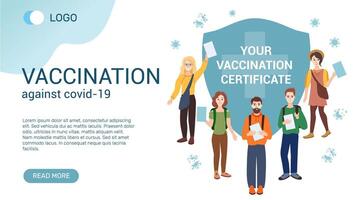 Template of Vaccination. Certificate of vaccination. Happy young people are standing around a large shield. Banner template. vector