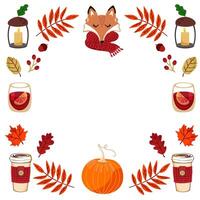 Autumn cozy frame. Autumn leaves, fox, mulled wine, pumpkin, cup of tea. Square frame for text. vector