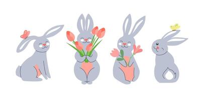 Spring bunny collection in various poses. Easter cartoon rabbits on white background. vector