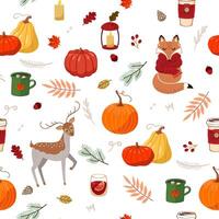 Autumn, forest animals, foliage and hot drinks. Bright color editable seamless pattern on a white background. vector