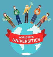 Happy students from different countries hold diplomas, stand on the globe, the inscription on the red ribbon - Worldwide Universties. Illustration on the topic of education abroad. vector