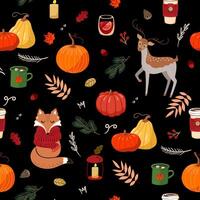 Autumn, forest animals, foliage and hot drinks. Bright color editable seamless pattern on a black background. For printing on fabric, packaging, etc. vector