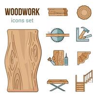 de madera trabajo conjunto de iconos herramientas, madera aserrado, de madera escalera, carpintero, máquinas, aceites y barnices para impregnando madera, muebles, tallas2. vector