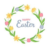 Gentle spring wreath of flowers. Easter round text frame. Tulips and daffodils border decoration for a holiday card on a white background. vector