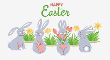 Spring bunny collection in various poses. Easter rabbits. vector