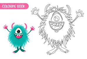 Coloring book for kids. Worksheet for drawing with cartoon monster. Cute magical creature. Coloring page with funny yeti for preschool and school children. illustration on white background. vector