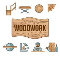 Wooden work set of icons. Tools, wood sawn, wooden ladder, carpenter, machines, oils and varnishes for impregnating wood, furniture, carvings. vector