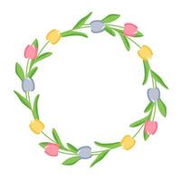 Gentle spring wreath of flowers. Easter round text frame. Tulips border decoration for holiday card vector