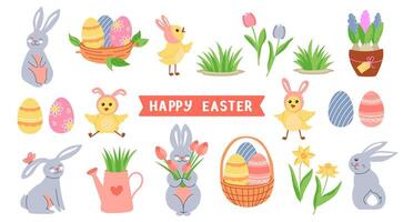Big easter set of characters and holiday decor. vector