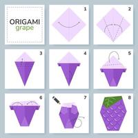 Grape origami scheme tutorial moving model. Origami berry for kids. Step by step how to make paper fruit. illustration. vector