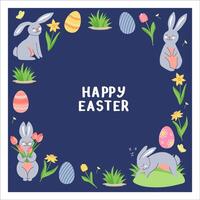 Happy Easter frame template. Copy space. Cute rabbits, eggs and spring flowers on blue background. vector