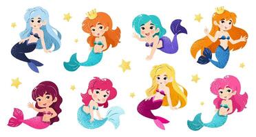 haz con kawaii sirenas aislado ilustraciones en un blanco antecedentes con gracioso mágico criaturas para un infantil impresión. acortar Arte. un submarino conjunto de princesas mar vida. vector