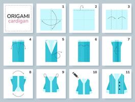 Sweater origami scheme tutorial moving model. Origami garment for kids. Step by step how to make paper cardigan. illustration. vector