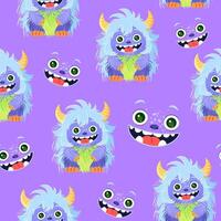 Cartoon seamless pattern with cute fluffy monsters. tile for childish print, wrapping paper, textile design. Funny characters on violet background. vector