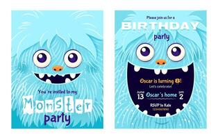 Monster party invitation set. Happy Birthday greeting cards. Festive postcards featuring a fluffy cartoon monster. design with a cute creature for your celebration event. Layered template. vector