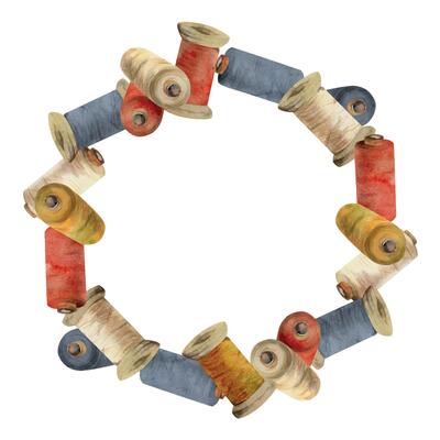 Hand drawn watercolor illustration sewing embroidery stitching supplies. Thread bobbins spools skeins yarn, red indigo beige. Frame wreath isolated white background. Design atelier, tailor, hobby shop