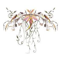 Hand drawn watercolor illustration shabby boho botanical flowers autumn leaves tendrils vine rose hip branches twigs with bow tie. Composition isolated white. Design wedding, flower shop, gift cards vector