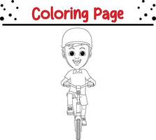 contento chico montando bicicleta colorante libro página para niños y adultos vector