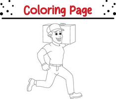 joven mensajero corriendo con paquete cajas colorante libro página para adultos y niños vector