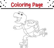 funny turtle roller skates coloring book page for kids and adults vector