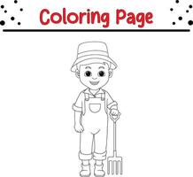 happy boy farmer holding rake coloring book page for kids and adults vector