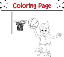 linda niña jugando baloncesto colorante libro página para niños y adultos vector