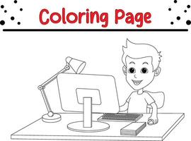 contento chico con personal computadora colorante libro página para niños y adultos vector