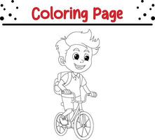 happy schoolboy riding bicycle coloring book page for adults and kids vector