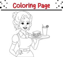 pretty waitress with sandwiches drinks coloring book page for adults and kids vector