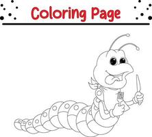 cute caterpillar holding fork knife coloring book page for kids and adults vector