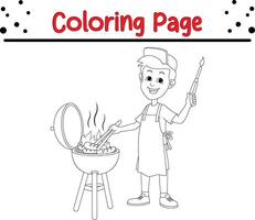 happy boy grilling sausages coloring book page for kids and adults vector