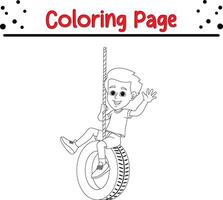 little boy playing tire swing coloring book page for adults and kids vector