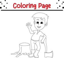 boy holding ax after chopping wood coloring book page for kids and adults vector