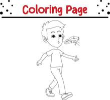 little boy whistling coloring book page for kids and adults vector